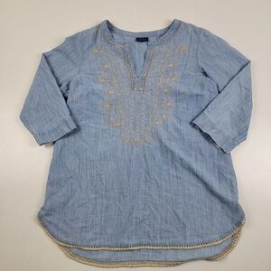 J Jill Denim Womens Chambray Embroidered Tunic Top Blouse Size Small 3/4 Sleeve